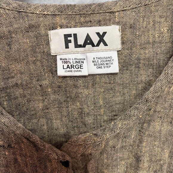 Flax Shirt Womens Large Brown Relaxed Lagenlook Button Front Sleeve Puff Blouse - Picture 4 of 8